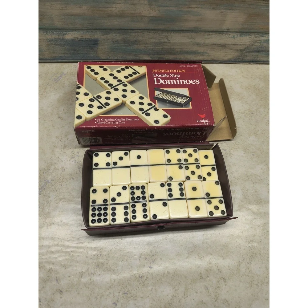 Vintage Cardinal Double Nine Dominoes Set Red‎ Vinyl Case 1993